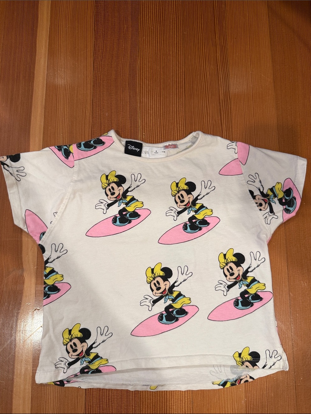 Zara White Kids Tee with Pink and Yellow Minnie Surf Print